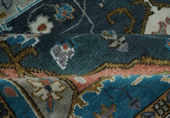 9x12 Rust, Silver, Blue and Ivory Hand Knotted Traditional Heriz Serapi Wool Area Rug - The Rug Decor