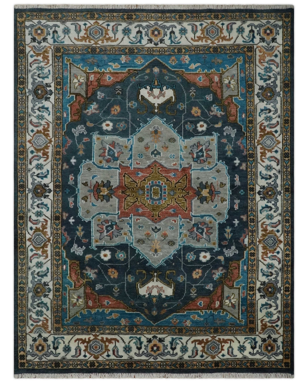 9x12 Rust, Silver, Blue and Ivory Hand Knotted Traditional Heriz Serapi Wool Area Rug - The Rug Decor