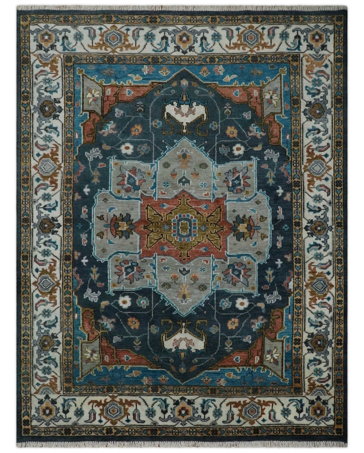 9x12 Rust, Silver, Blue and Ivory Hand Knotted Traditional Heriz Serapi Wool Area Rug - The Rug Decor