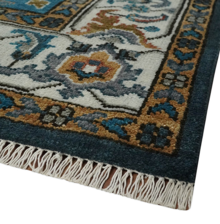 9x12 Rust, Silver, Blue and Ivory Hand Knotted Traditional Heriz Serapi Wool Area Rug - The Rug Decor