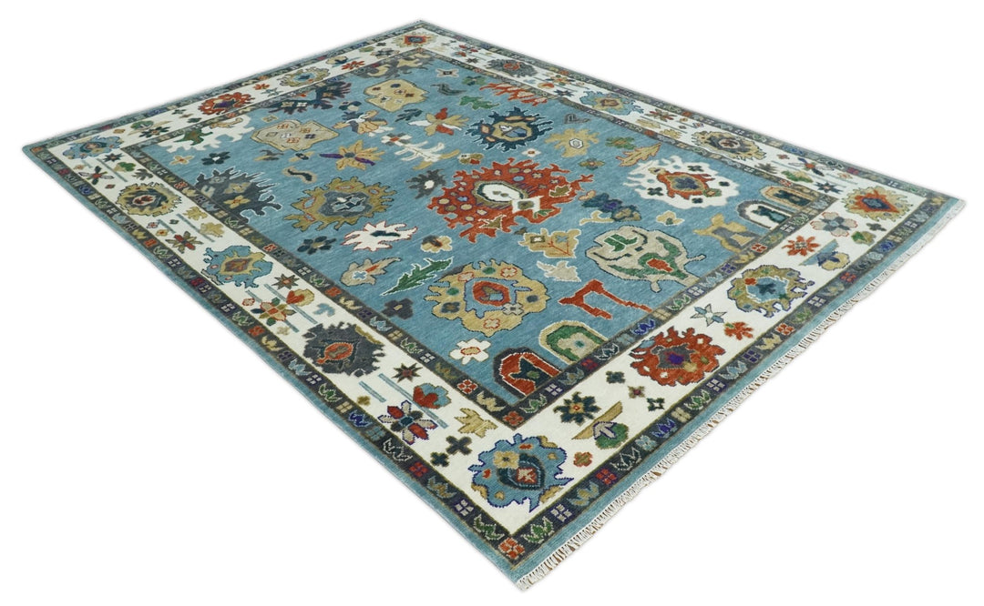 9x12 Wool Traditional Persian Blue and Ivory Colorful Hand knotted Oushak Area Rug | TRDCP1067912 - The Rug Decor