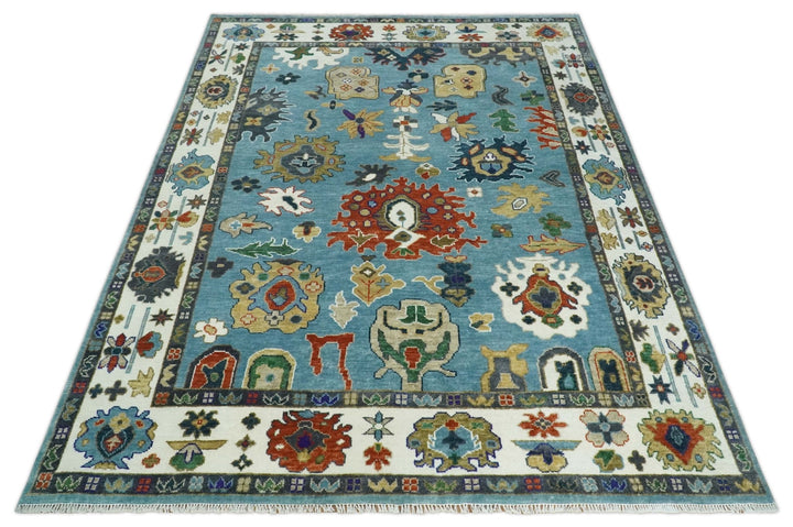 9x12 Wool Traditional Persian Blue and Ivory Colorful Hand knotted Oushak Area Rug | TRDCP1067912 - The Rug Decor