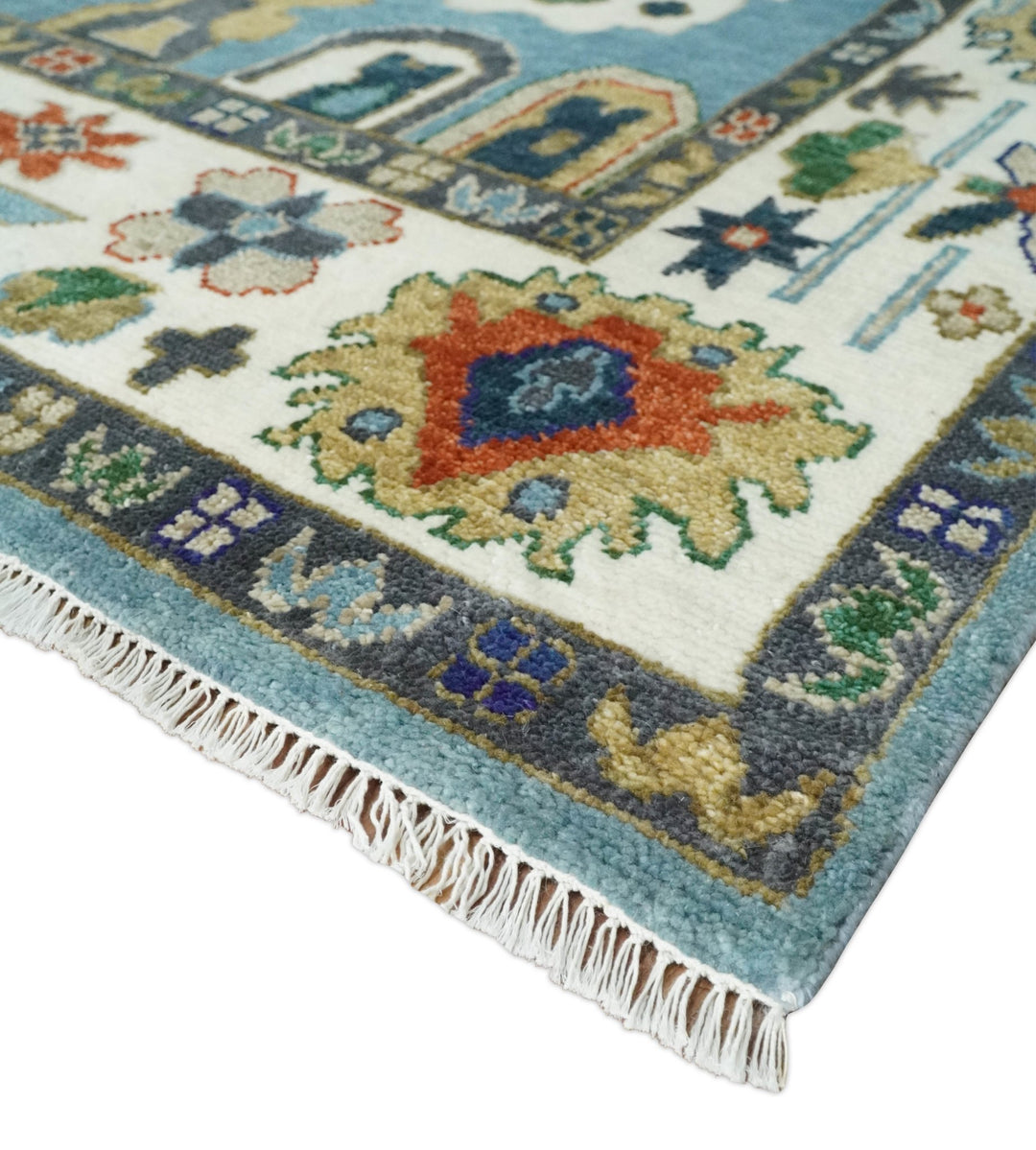 9x12 Wool Traditional Persian Blue and Ivory Colorful Hand knotted Oushak Area Rug | TRDCP1067912 - The Rug Decor