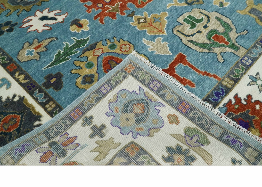 9x12 Wool Traditional Persian Blue and Ivory Colorful Hand knotted Oushak Area Rug | TRDCP1067912 - The Rug Decor