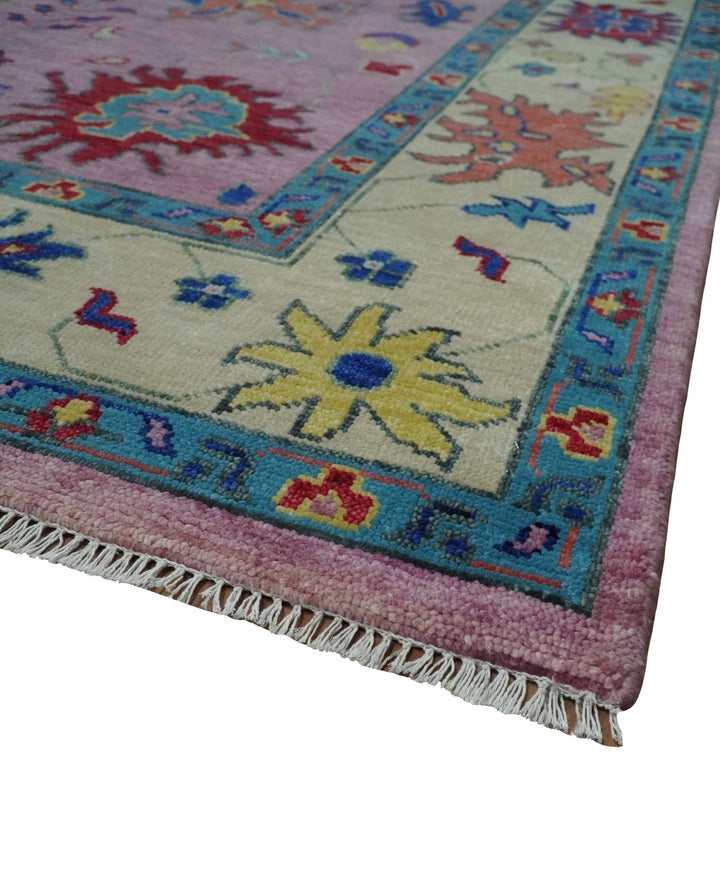 9x12 Wool Traditional Pink, Beige and Blue Vibrant Colorful Hand knotted Oushak Area Rug | TRDCP1355912 - The Rug Decor