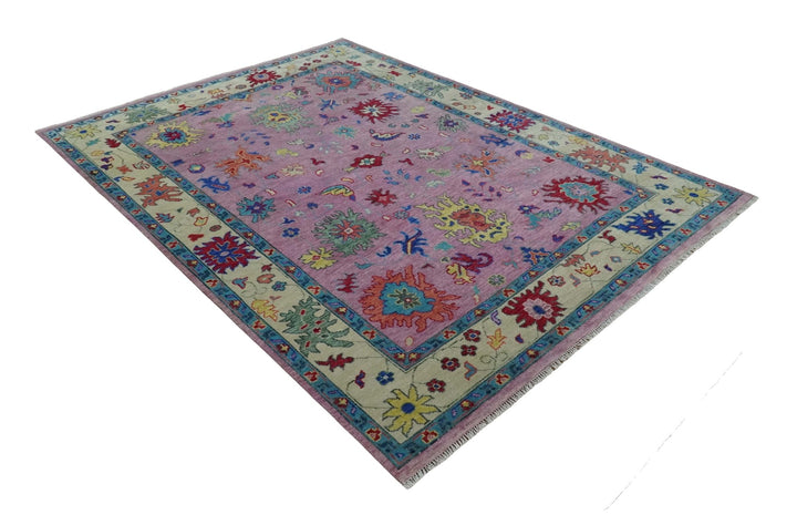 9x12 Wool Traditional Pink, Beige and Blue Vibrant Colorful Hand knotted Oushak Area Rug | TRDCP1355912 - The Rug Decor