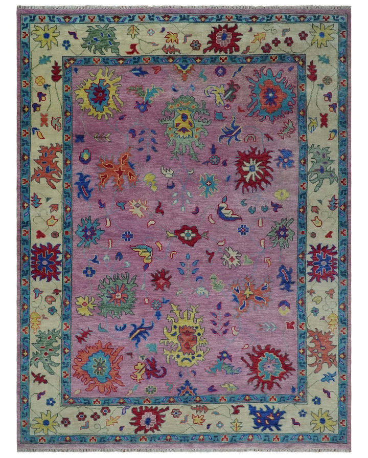 9x12 Wool Traditional Pink, Beige and Blue Vibrant Colorful Hand knotted Oushak Area Rug | TRDCP1355912 - The Rug Decor