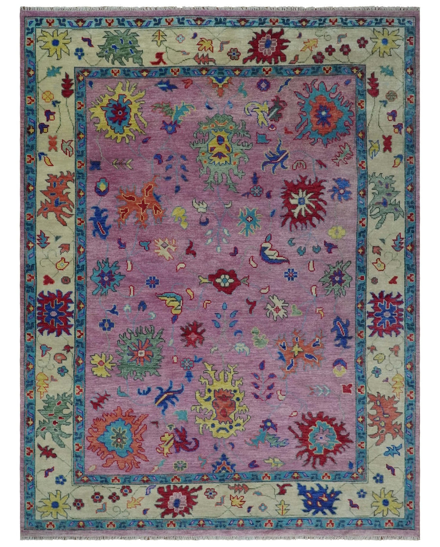9x12 Wool Traditional Pink, Beige and Blue Vibrant Colorful Hand knotted Oushak Area Rug | TRDCP1355912 - The Rug Decor