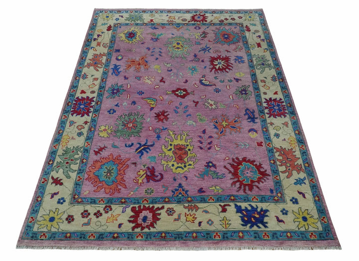 9x12 Wool Traditional Pink, Beige and Blue Vibrant Colorful Hand knotted Oushak Area Rug | TRDCP1355912 - The Rug Decor
