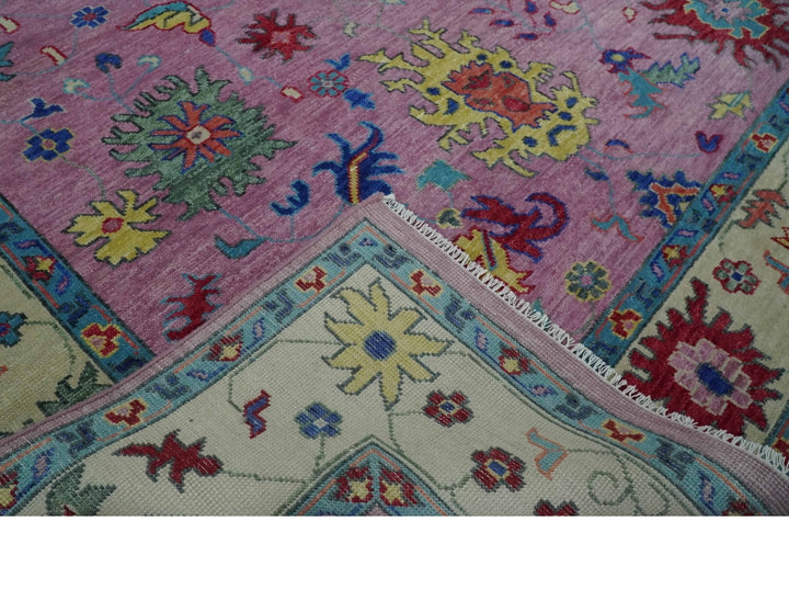 9x12 Wool Traditional Pink, Beige and Blue Vibrant Colorful Hand knotted Oushak Area Rug | TRDCP1355912 - The Rug Decor