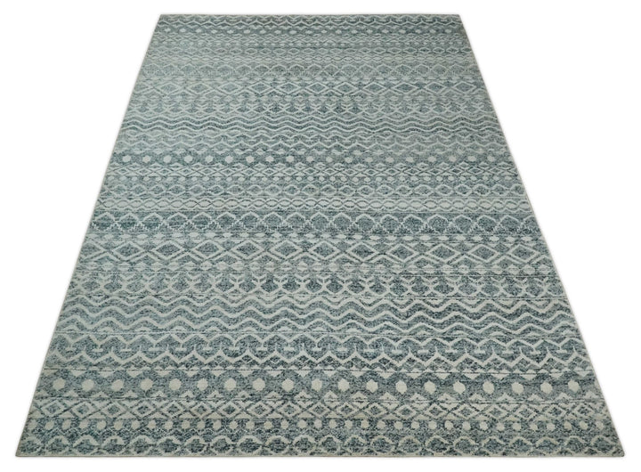 9x13 Hand Knotted Ivory and Teal Blue Modern Contemporary Southwestern Tribal Trellis Recycled Silk Area Rug | OP51 - The Rug Decor