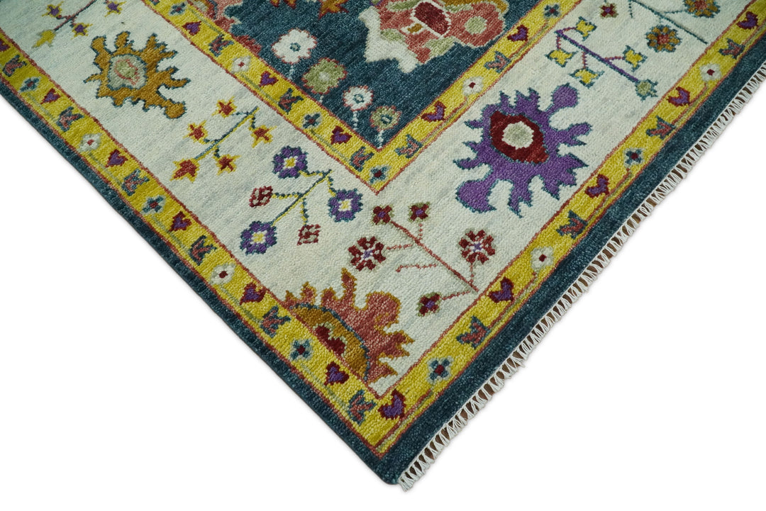 Traditional Floral Teal, Ivory and Mustard Hand Knotted Oriental Oushak Multi Size wool Area Rug