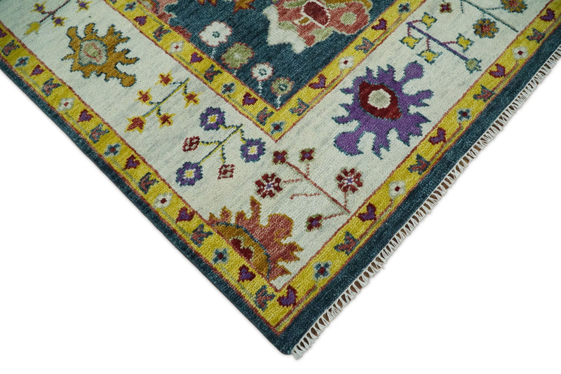 Traditional Floral Teal, Ivory and Mustard Hand Knotted Oriental Oushak Multi Size wool Area Rug
