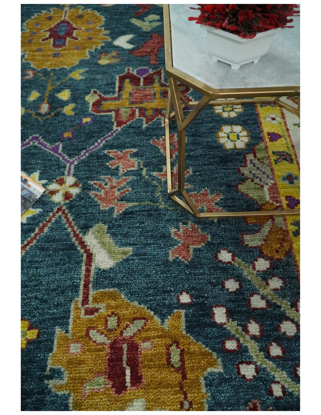 Traditional Floral Teal, Ivory and Mustard Hand Knotted Oriental Oushak Multi Size wool Area Rug