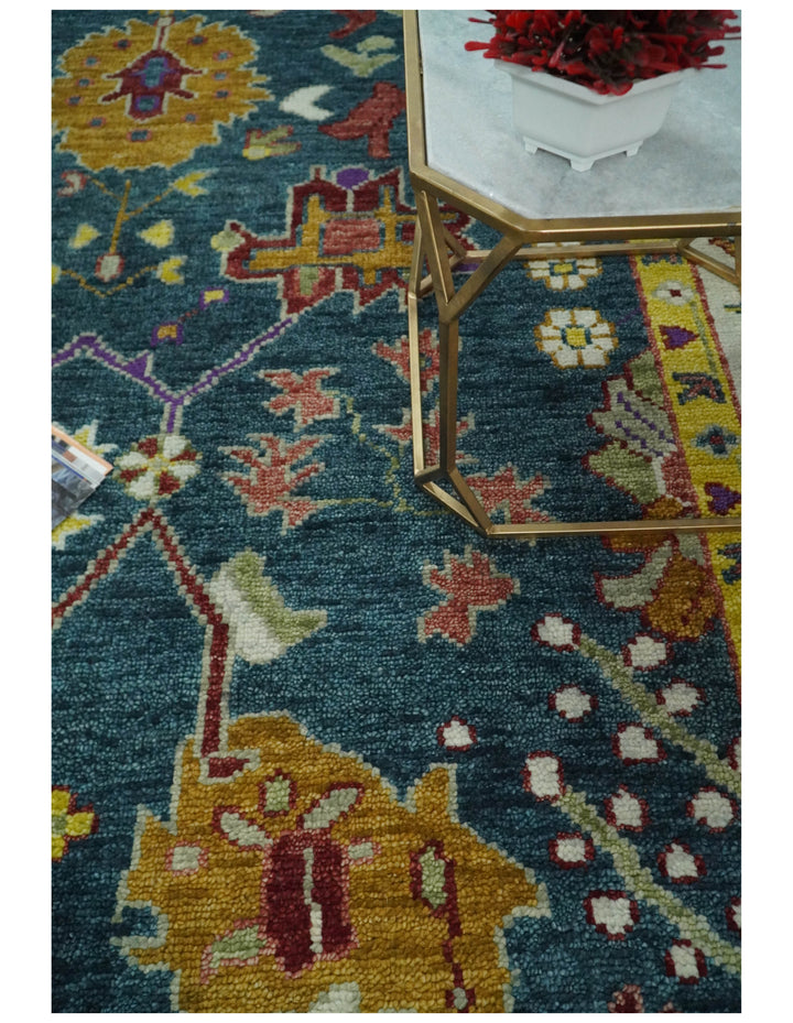 Traditional Floral Teal, Ivory and Mustard Hand Knotted Oriental Oushak Multi Size wool Area Rug