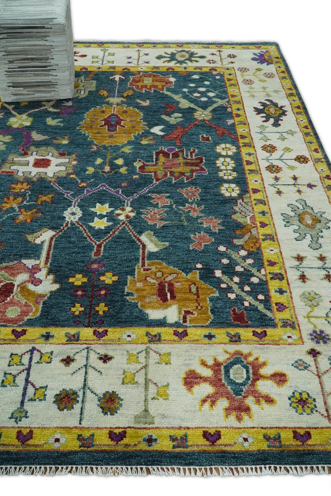 Traditional Floral Teal, Ivory and Mustard Hand Knotted Oriental Oushak Multi Size wool Area Rug