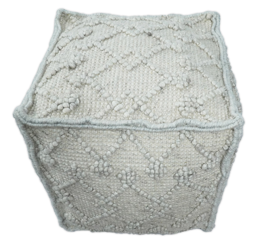 Boho Handwoven Ivory Pouf Ottoman Made with Wool Blend, Tribal Design, Footstool, Couch, Side table  | TRD111