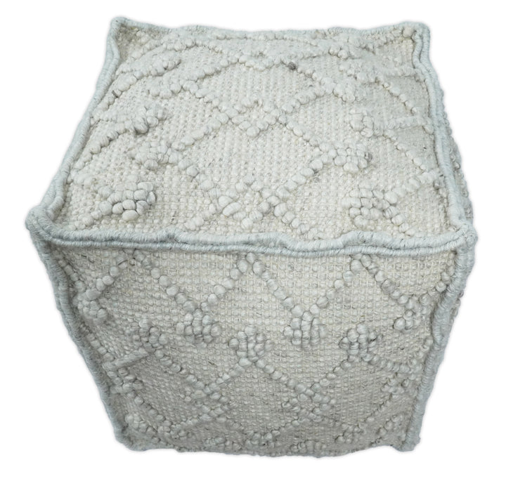 Boho Handwoven Ivory Pouf Ottoman Made with Wool Blend, Tribal Design, Footstool, Couch, Side table  | TRD111