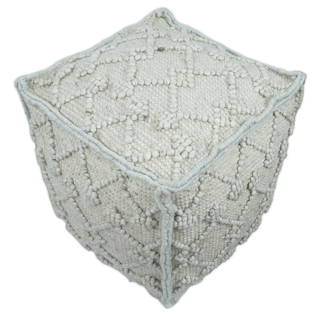 Boho Handwoven Ivory Pouf Ottoman Made with Wool Blend, Tribal Design, Footstool, Couch, Side table  | TRD111