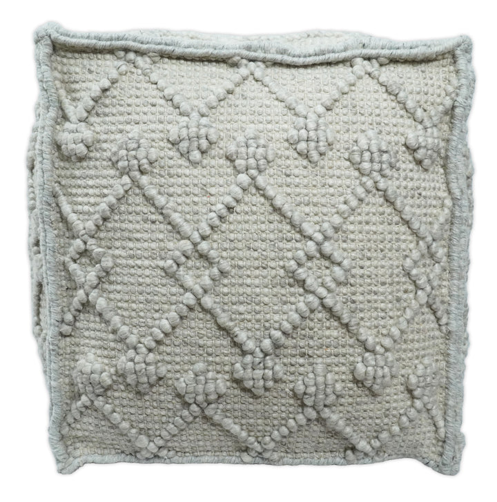 Boho Handwoven Ivory Pouf Ottoman Made with Wool Blend, Tribal Design, Footstool, Couch, Side table  | TRD111