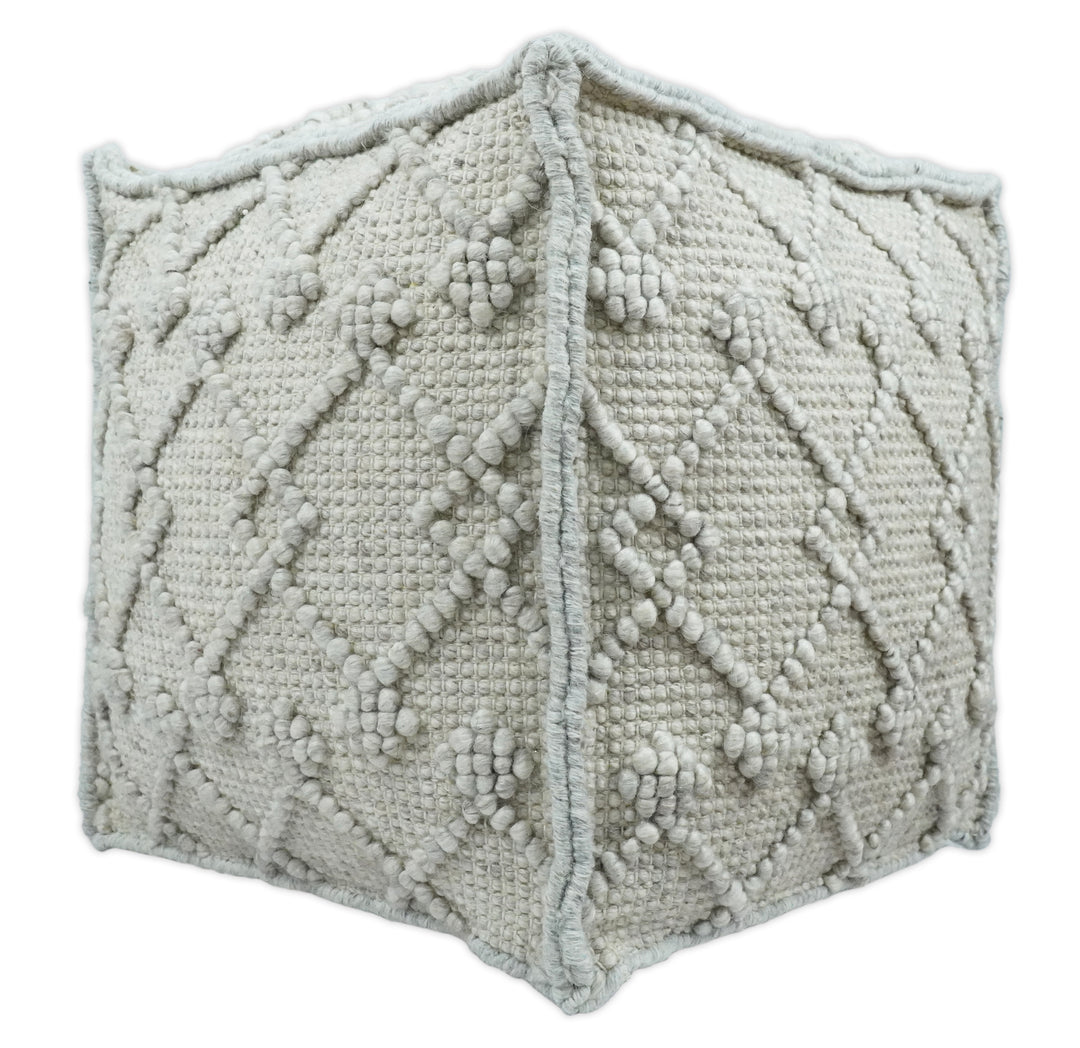 Boho Handwoven Ivory Pouf Ottoman Made with Wool Blend, Tribal Design, Footstool, Couch, Side table  | TRD111