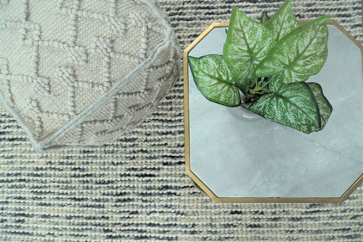 Boho Handwoven Ivory Pouf Ottoman Made with Wool Blend, Tribal Design, Footstool, Couch, Side table  | TRD111