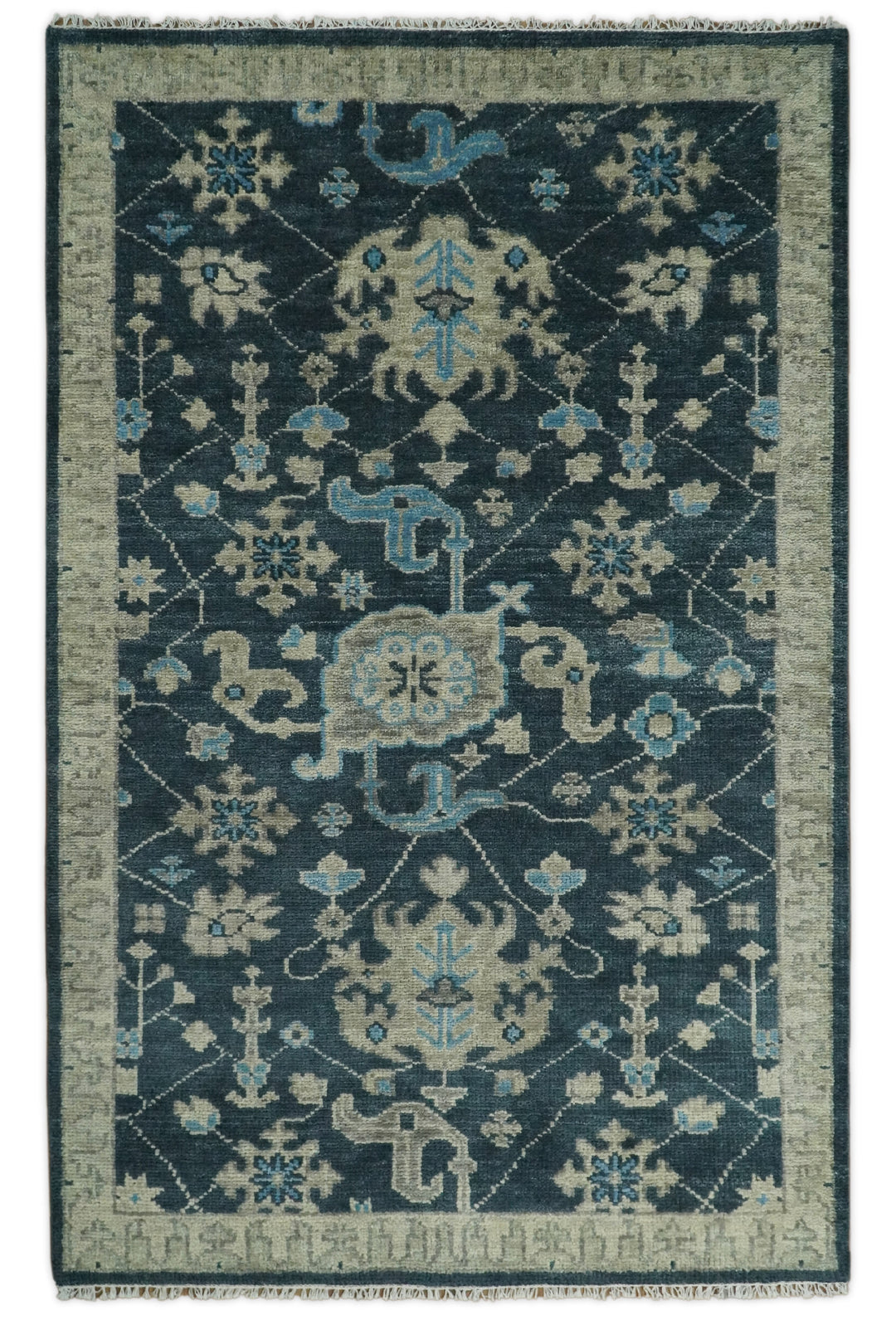 Hand Knotted 5x8 Vintage Oriental Oushak Blue and Camel Wool Area Rug | TRDCP8B