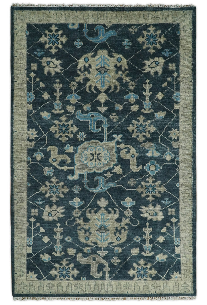 Hand Knotted 5x8 Vintage Oriental Oushak Blue and Camel Wool Area Rug | TRDCP8B