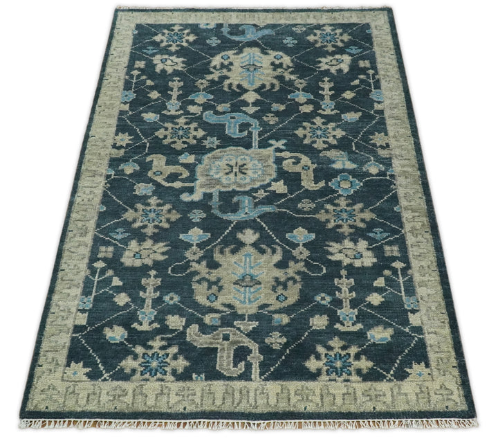 Hand Knotted 5x8 Vintage Oriental Oushak Blue and Camel Wool Area Rug | TRDCP8B