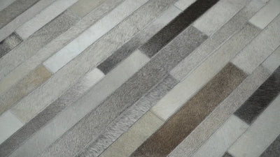 Modern Geometrical Cowhide Leather Striped Silver and Ivory Leather Custom Made Area Rug