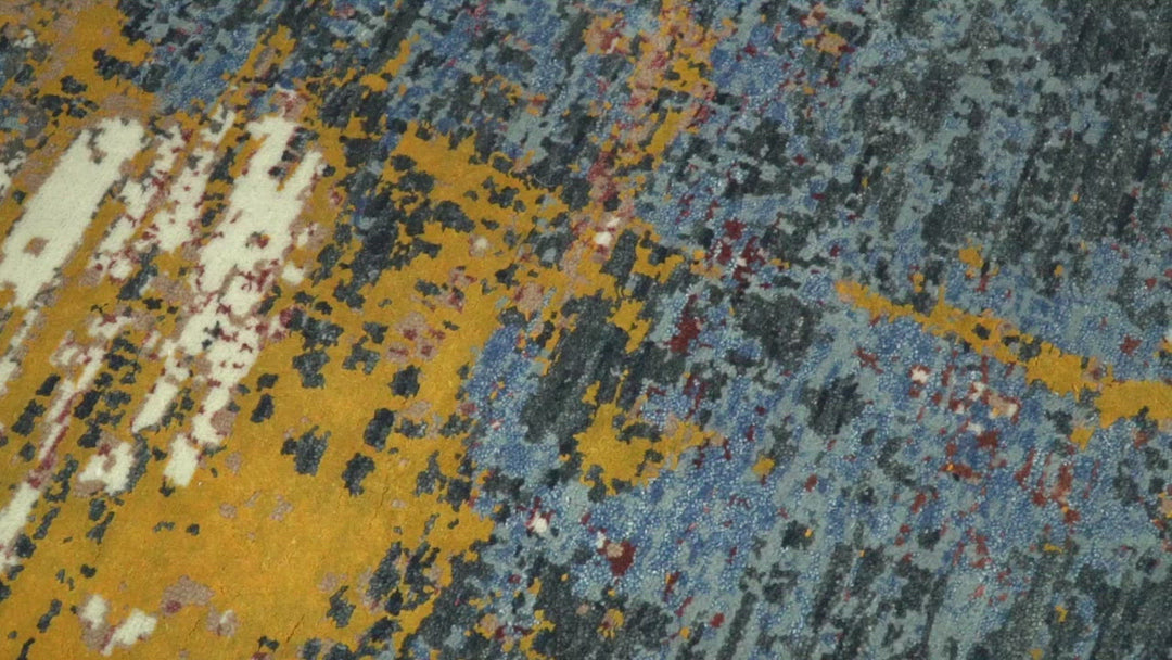 8x10 Fine Hand Knotted Ivory and Blue Modern Abstract Style Antique Wool and Silk Area Rug | TRDCP631810