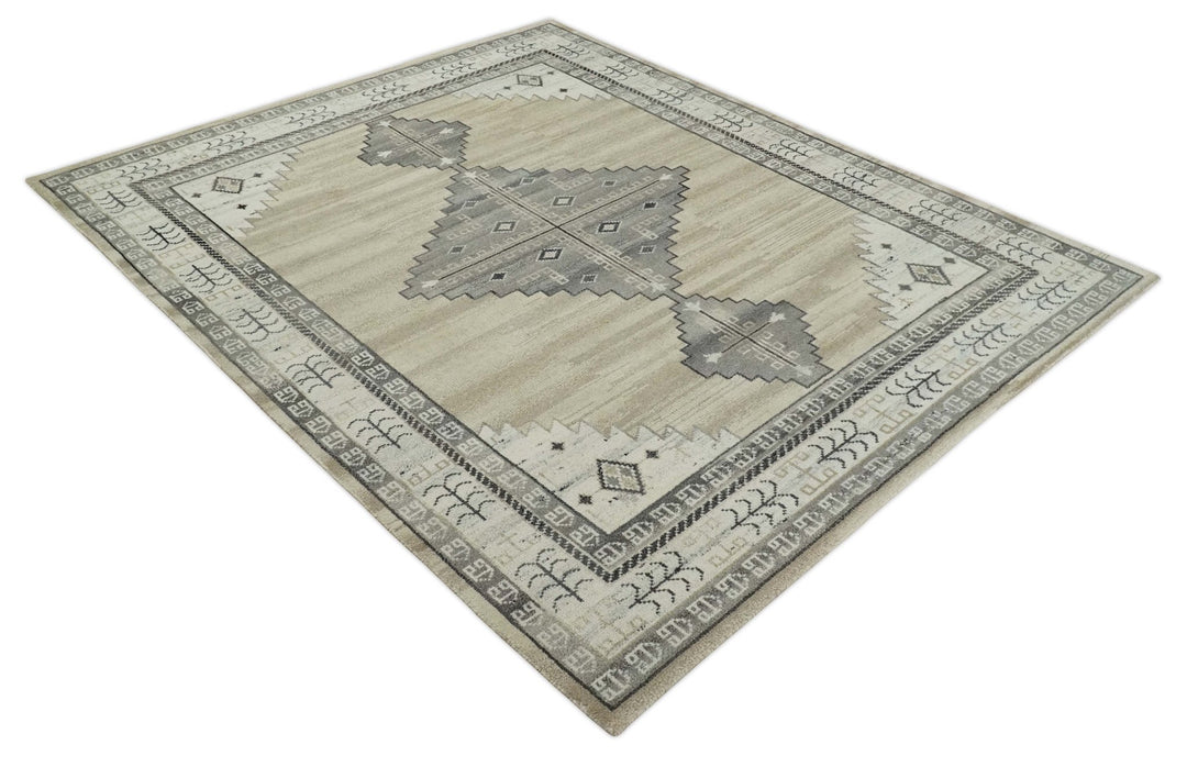 All Natural Wool Hand Knotted Gray , Beige and Ivory Traditional Heriz Serapi Area Rug, Kids, Living Room and Bedroom Rug | MEHK1 - The Rug Decor
