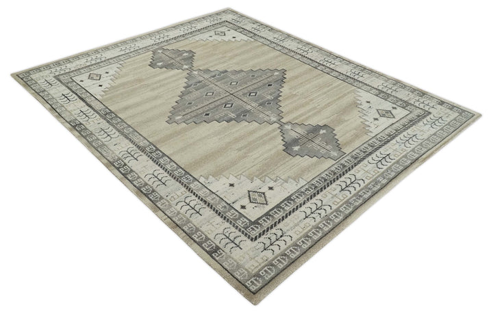 All Natural Wool Hand Knotted Gray , Beige and Ivory Traditional Heriz Serapi Area Rug, Kids, Living Room and Bedroom Rug | MEHK1 - The Rug Decor