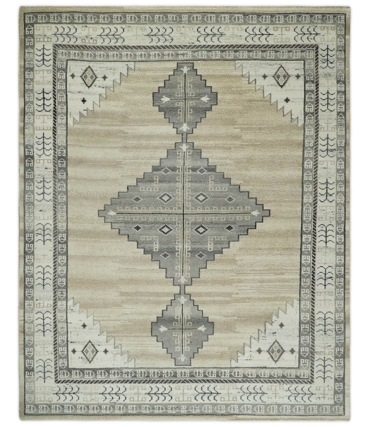 All Natural Wool Hand Knotted Gray , Beige and Ivory Traditional Heriz Serapi Area Rug, Kids, Living Room and Bedroom Rug | MEHK1 - The Rug Decor