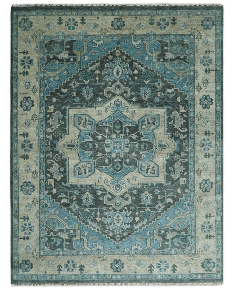 Antique 5x8, 6x9, 8x10, 9x12, 10x14 and 12x15 Hand Knotted Charcoal, Camel and Blue Traditional Persian Heriz Serapi Wool Rug | TRDCP936810 - The Rug Decor