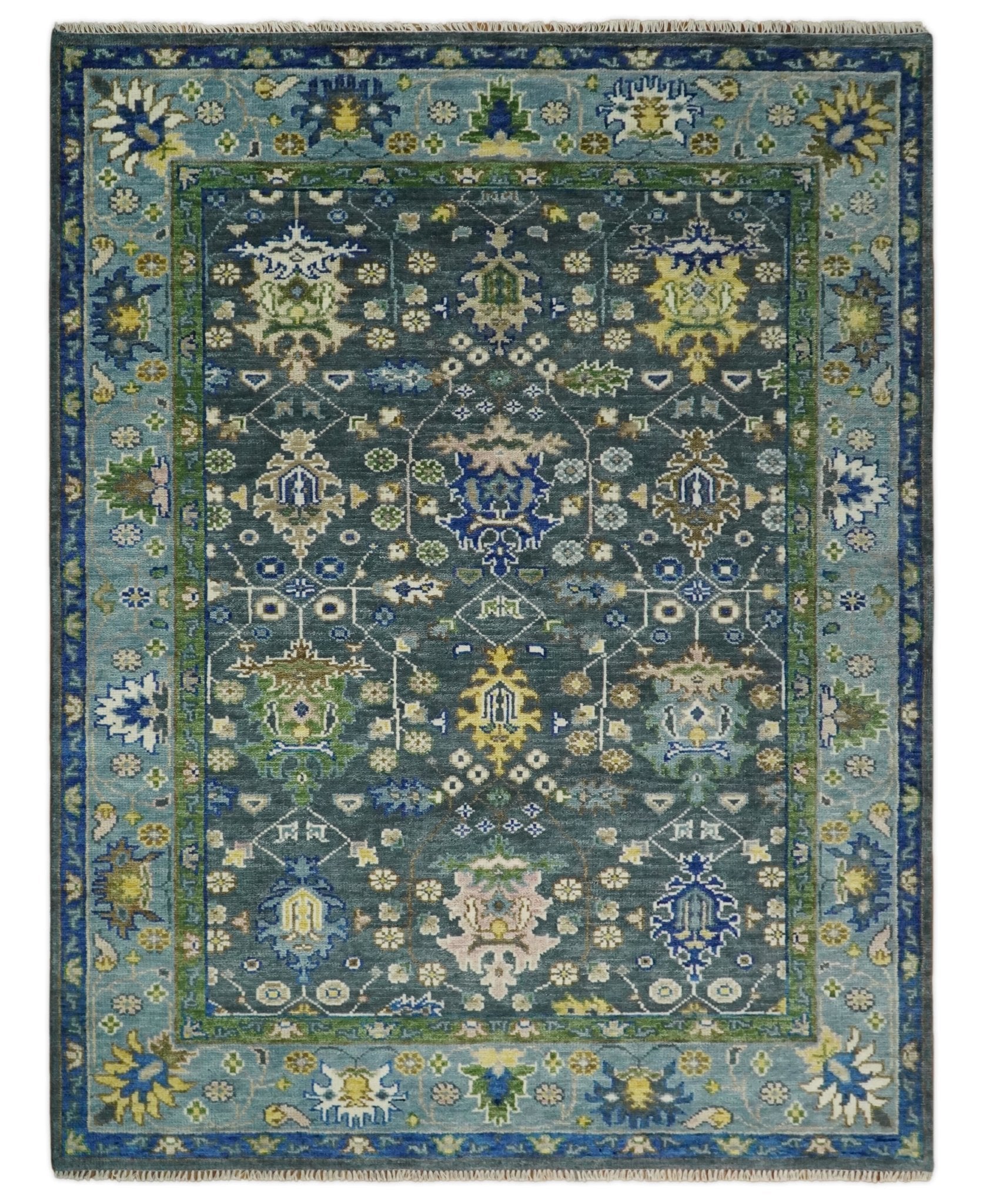 Antique Hand Knotted Green Moss and Blue Traditional Turkish