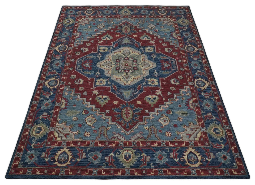 Antique 5x8, 6x9, 8x10 and 9x12 Red and Blue Hand Tufted Traditional Persian Medallion Rug | TRD6448 - The Rug Decor