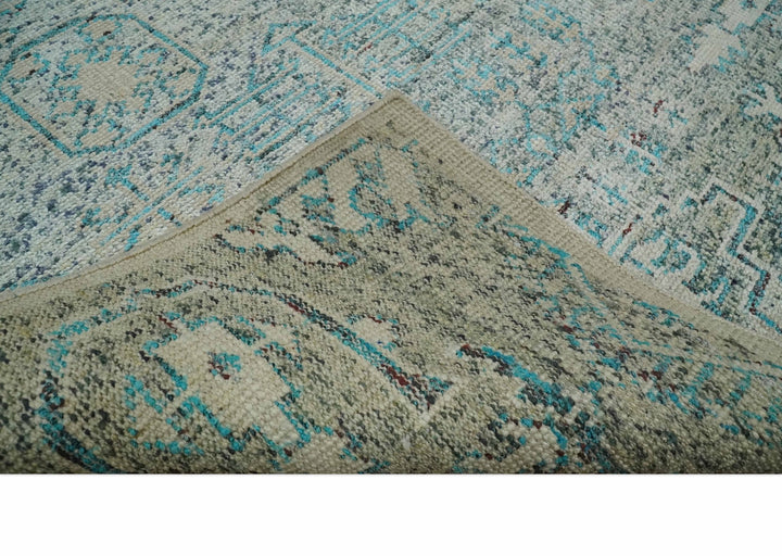 Antique 5x8 Hand Knotted Beige and Blue Persian made of Recycled Silk Area Rug | OP96 - The Rug Decor