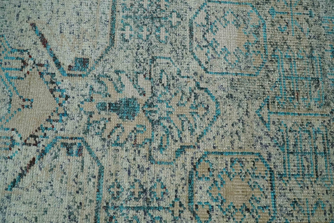 Antique 5x8 Hand Knotted Beige and Blue Persian made of Recycled Silk Area Rug | OP96 - The Rug Decor
