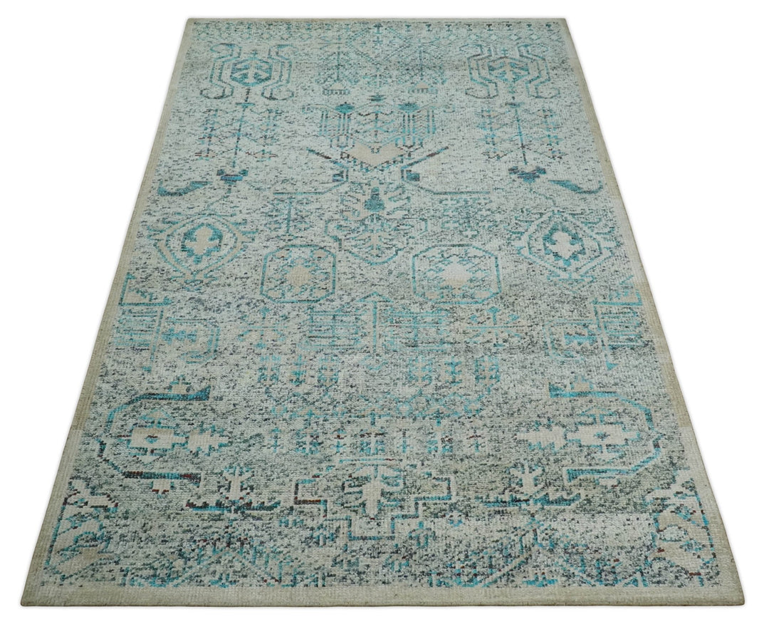 Antique 5x8 Hand Knotted Beige and Blue Persian made of Recycled Silk Area Rug | OP96 - The Rug Decor