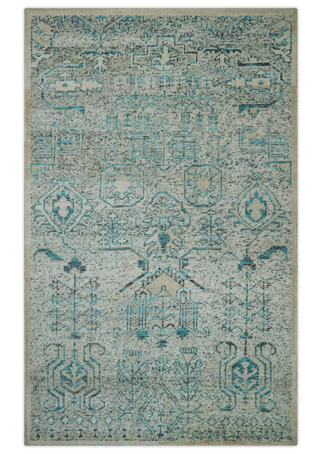 Antique 5x8 Hand Knotted Beige and Blue Persian made of Recycled Silk Area Rug | OP96 - The Rug Decor