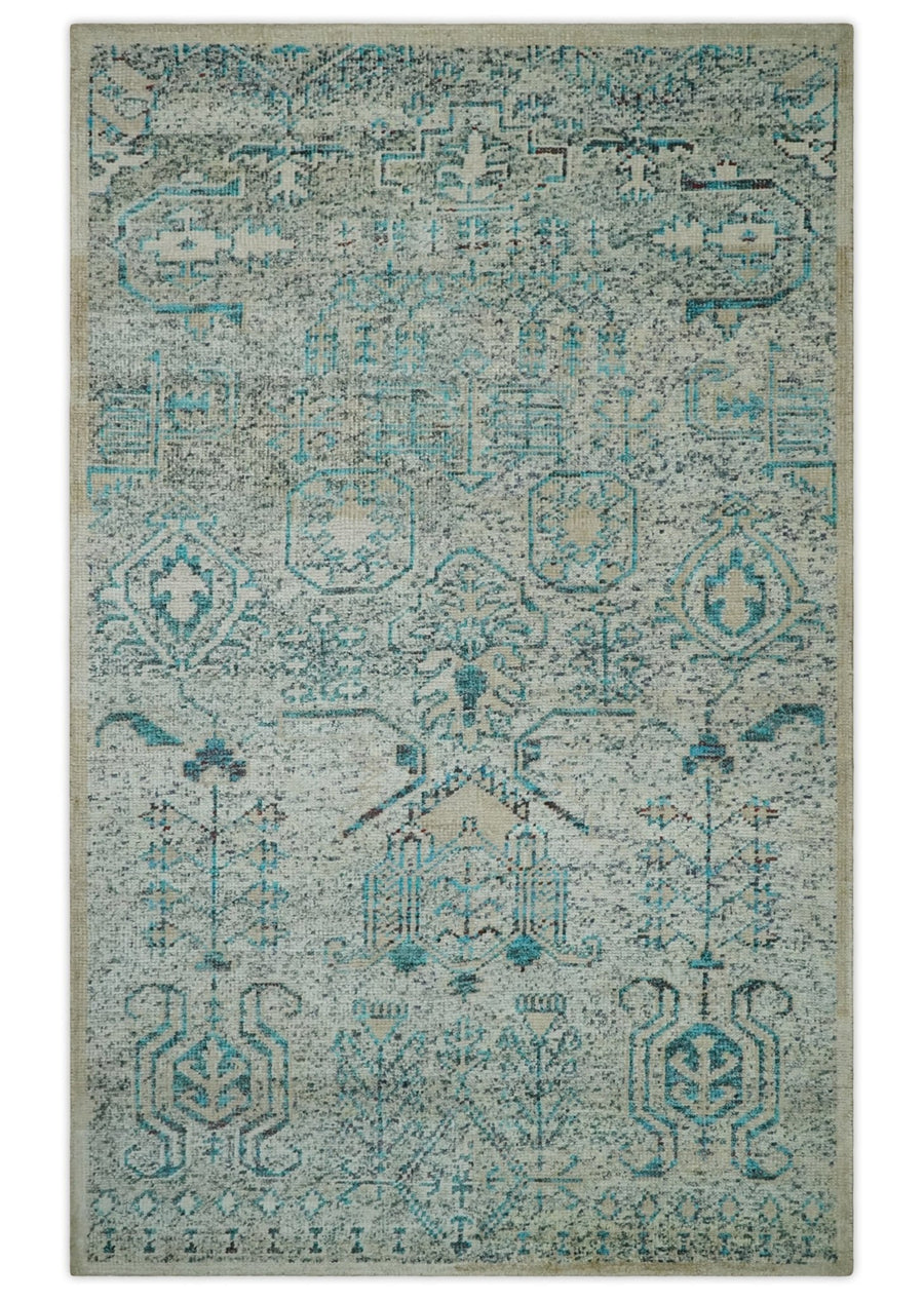 Antique 5x8 Hand Knotted Beige and Blue Persian made of Recycled Silk Area Rug | OP96 - The Rug Decor