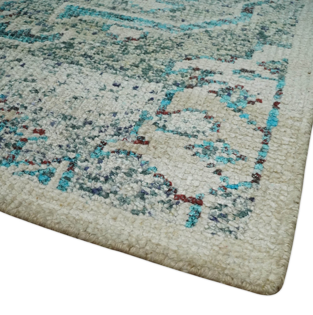 Antique 5x8 Hand Knotted Beige and Blue Persian made of Recycled Silk Area Rug | OP96 - The Rug Decor