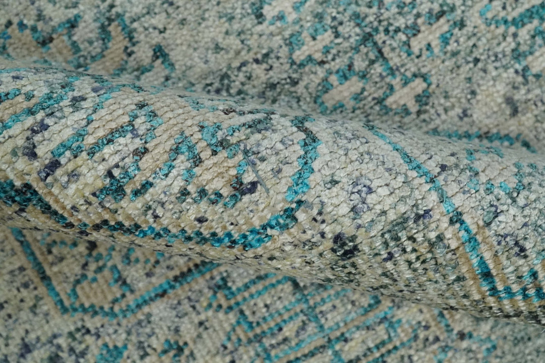 Antique 5x8 Hand Knotted Beige and Blue Persian made of Recycled Silk Area Rug | OP96 - The Rug Decor