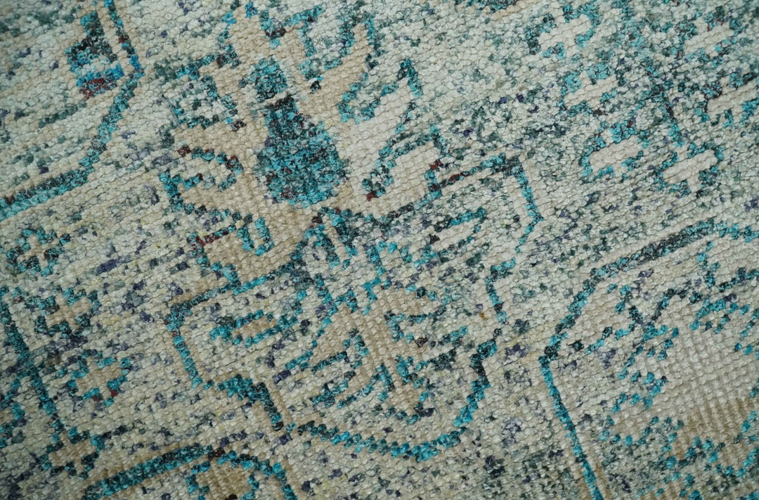 Antique 5x8 Hand Knotted Beige and Blue Persian made of Recycled Silk Area Rug | OP96 - The Rug Decor