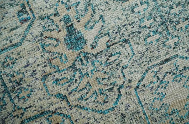 Antique 5x8 Hand Knotted Beige and Blue Persian made of Recycled Silk Area Rug | OP96 - The Rug Decor