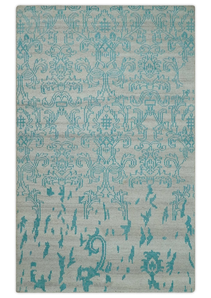 Antique 5x8 Hand Knotted Silver and Blue Persian made of Recycled Silk Area Rug | OP77 - The Rug Decor