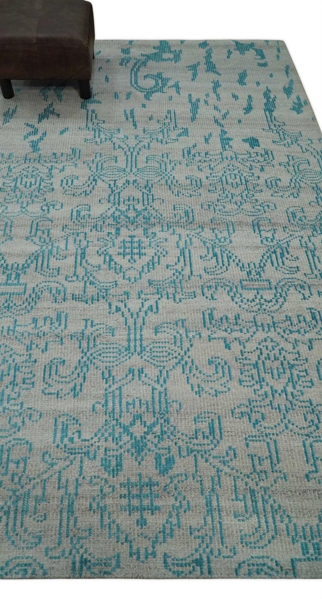 Antique 5x8 Hand Knotted Silver and Blue Persian made of Recycled Silk Area Rug | OP77 - The Rug Decor