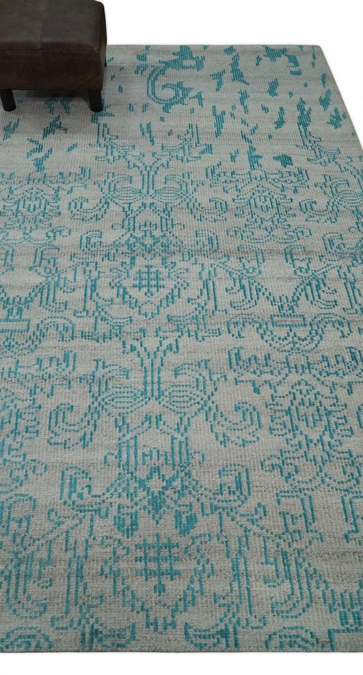 Antique 5x8 Hand Knotted Silver and Blue Persian made of Recycled Silk Area Rug | OP77 - The Rug Decor