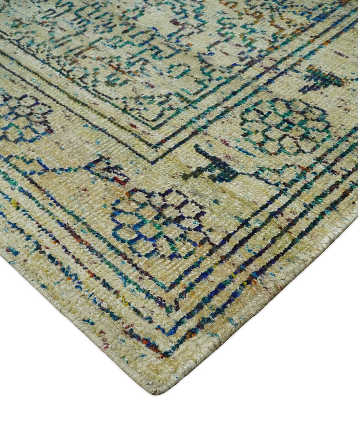 Antique 8x10 Hand Knotted Camel, Ivory and Blue Persian made of Recycled Silk Area Rug | OP33 - The Rug Decor